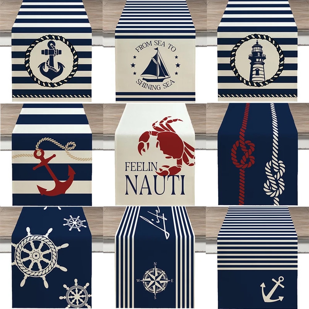 Nautical Table Runner With Anchor Compass Design For Coastal Dining Decor 1