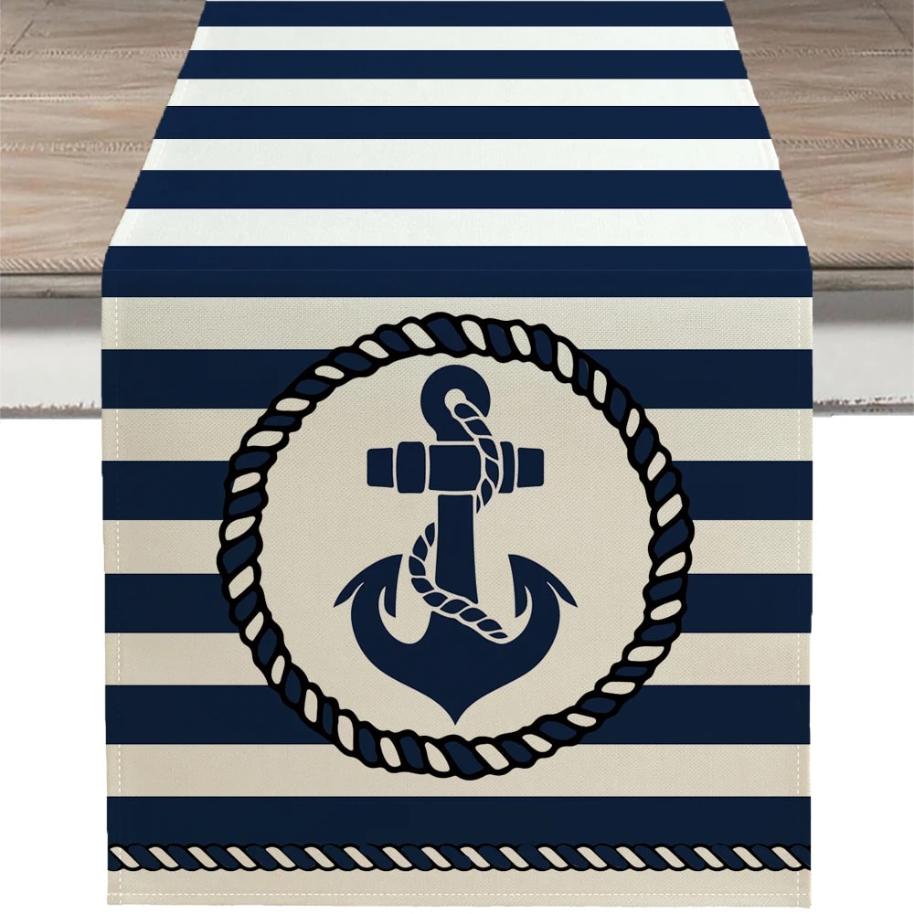 Nautical Table Runner With Anchor Compass Design For Coastal Dining Decor 10