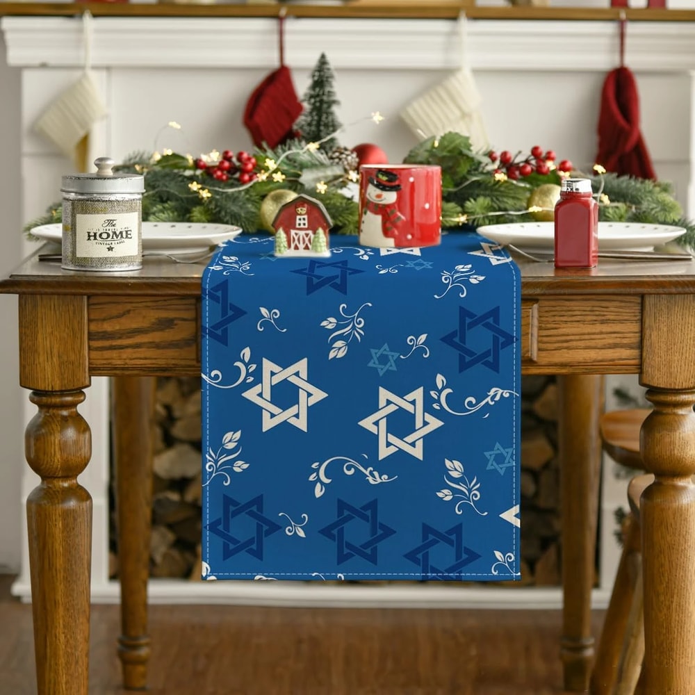 Premium Linen Hanukkah Table Runner Jewish Holiday Table Decor With Star Of David Menorah 1
