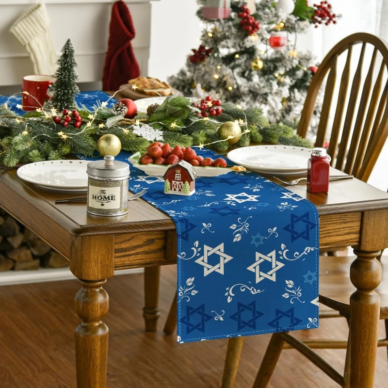 Premium Linen Hanukkah Table Runner Jewish Holiday Table Decor With Star Of David Menorah 2