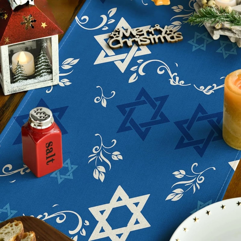 Premium Linen Hanukkah Table Runner Jewish Holiday Table Decor With Star Of David Menorah 3