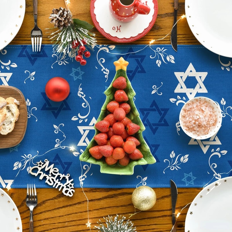 Premium Linen Hanukkah Table Runner Jewish Holiday Table Decor With Star Of David Menorah 4