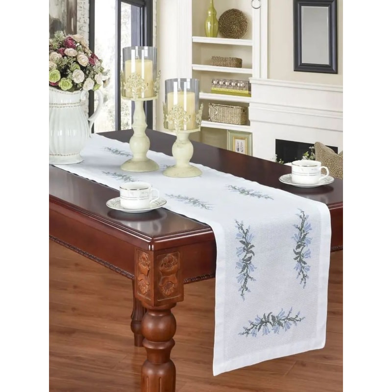 Elegant Embroidered Tablecloth Luxury Rectangular Dining Tablecloth Home Decor With Blue Bell Cross 4