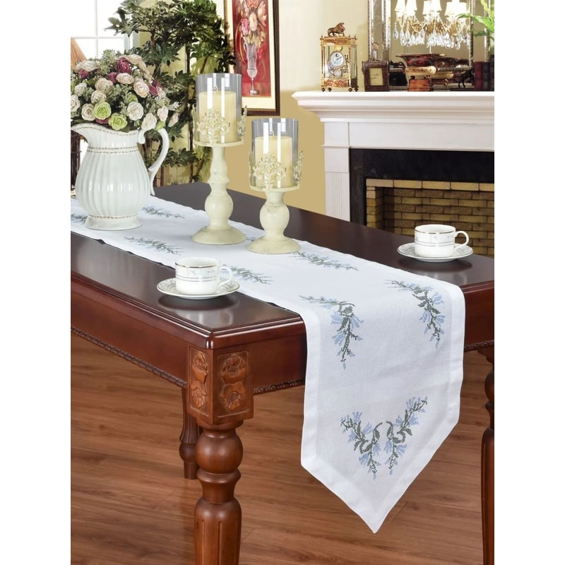 Elegant Embroidered Tablecloth Luxury Rectangular Dining Tablecloth Home Decor With Blue Bell Cross 5