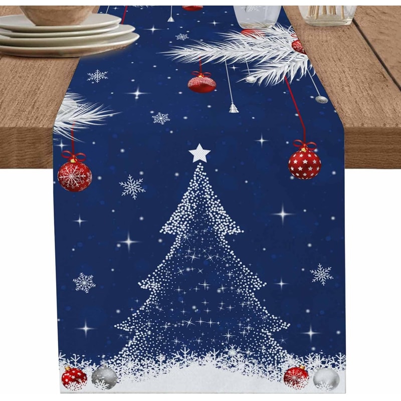 Festive Winter Pine & Snowflake Christmas Table Runner Elegant Holiday Linen Decoration
