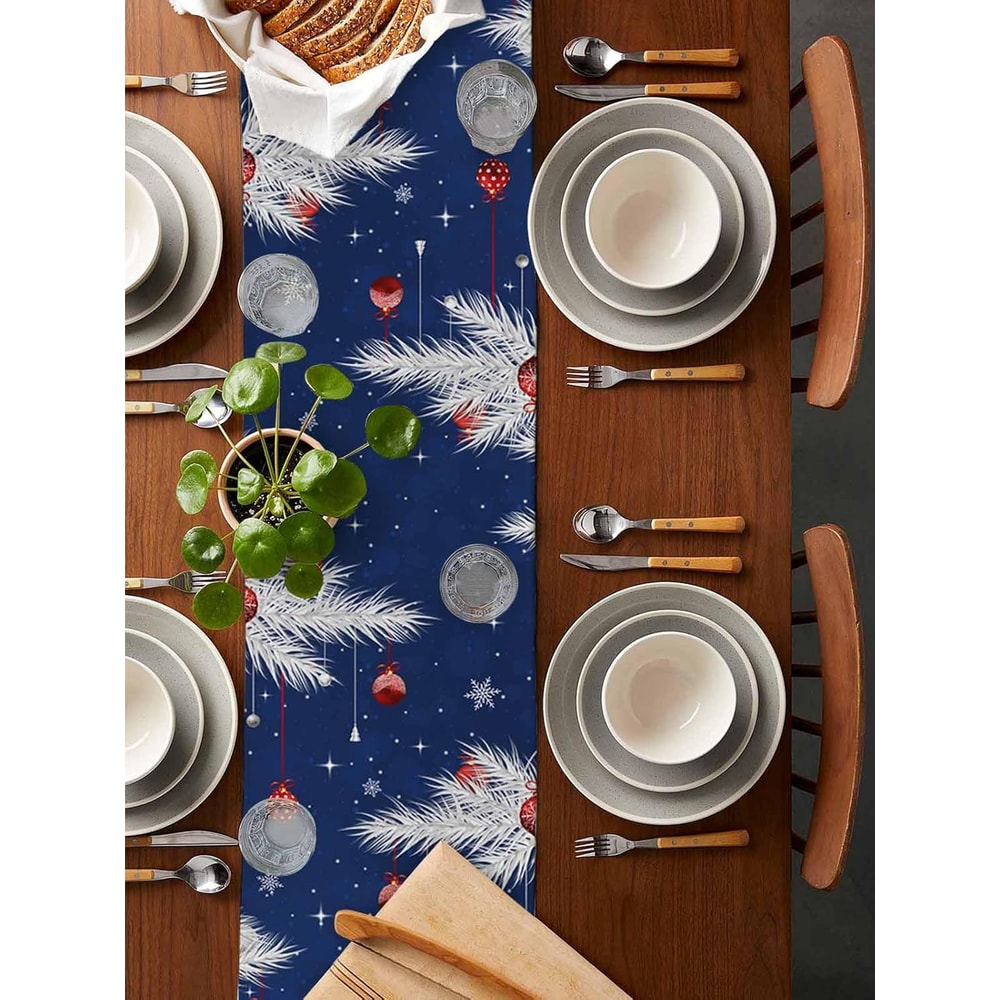 Festive Winter Pine & Snowflake Christmas Table Runner Elegant Holiday Linen Decoration