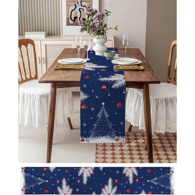 Festive Winter Pine & Snowflake Christmas Table Runner Elegant Holiday Linen Decoration