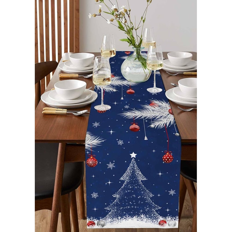Festive Winter Pine & Snowflake Christmas Table Runner Elegant Holiday Linen Decoration