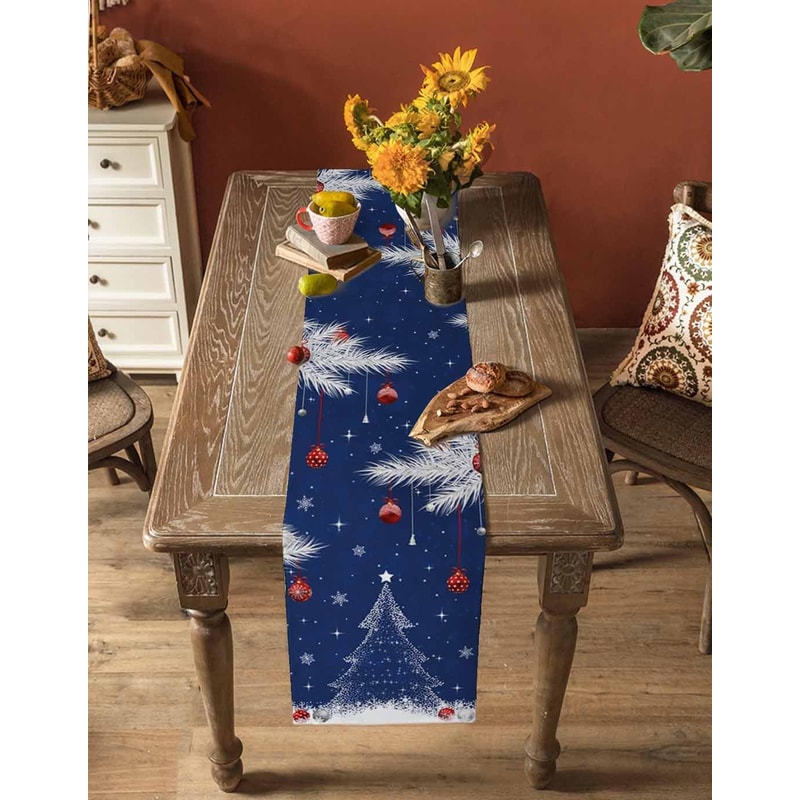 Festive Winter Pine & Snowflake Christmas Table Runner Elegant Holiday Linen Decoration