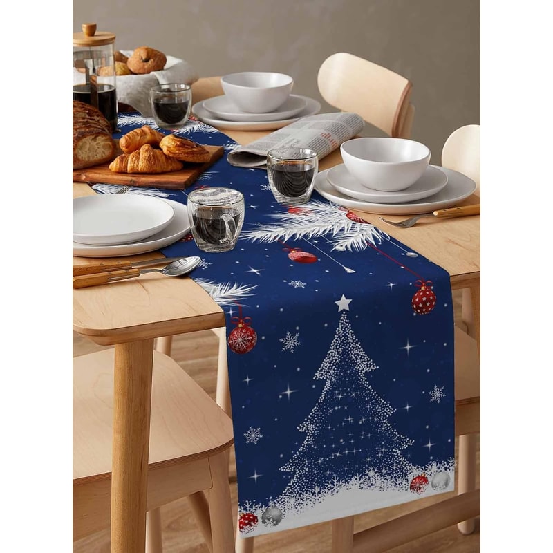 Festive Winter Pine & Snowflake Christmas Table Runner Elegant Holiday Linen Decoration