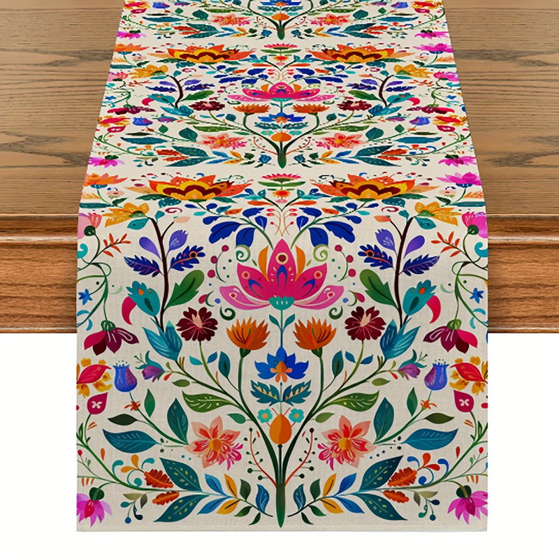 Mexican Day Of The Dead Linen Table Runner Floral Fiesta Holiday Party Decor 3