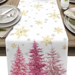premium pink christmas linen table runner with pine tree & gold snowflake holiday dining decor