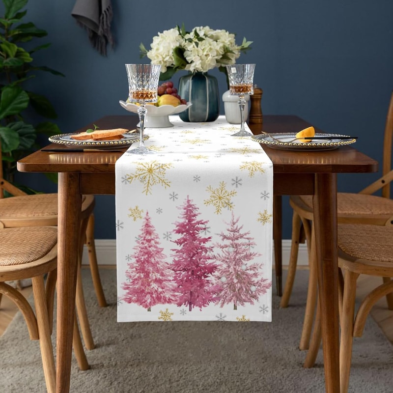 Premium Pink Christmas Linen Table Runner With Pine Tree Gold Snowflake Holiday Dining Decor 1