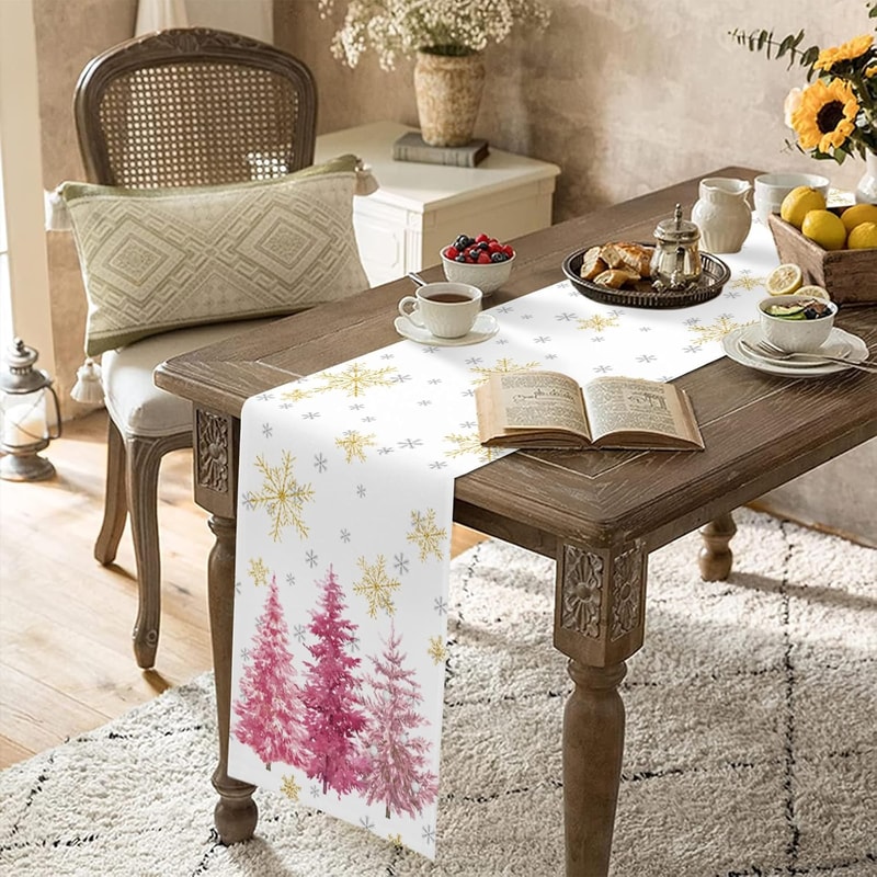 Premium Pink Christmas Linen Table Runner With Pine Tree Gold Snowflake Holiday Dining Decor 2