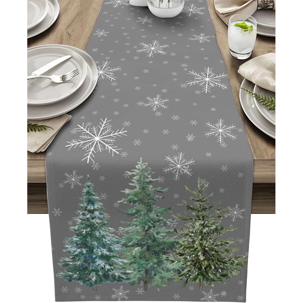 Premium Pink Christmas Linen Table Runner With Pine Tree Gold Snowflake Holiday Dining Decor 5