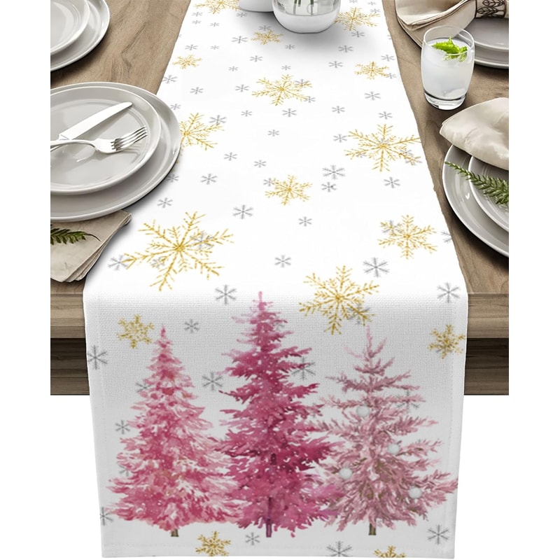 Premium Pink Christmas Linen Table Runner With Pine Tree Gold Snowflake Holiday Dining Decor 6