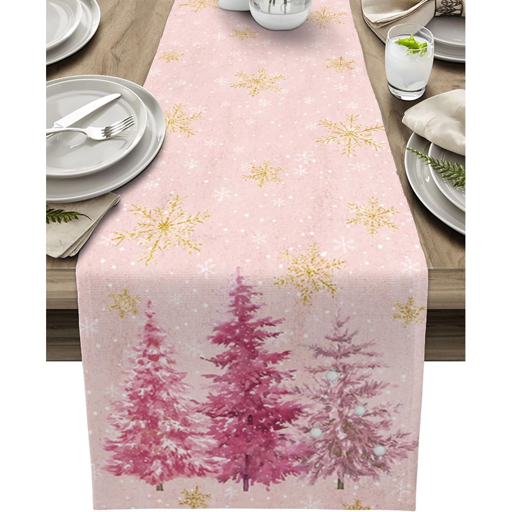 Premium Pink Christmas Linen Table Runner With Pine Tree Gold Snowflake Holiday Dining Decor 7