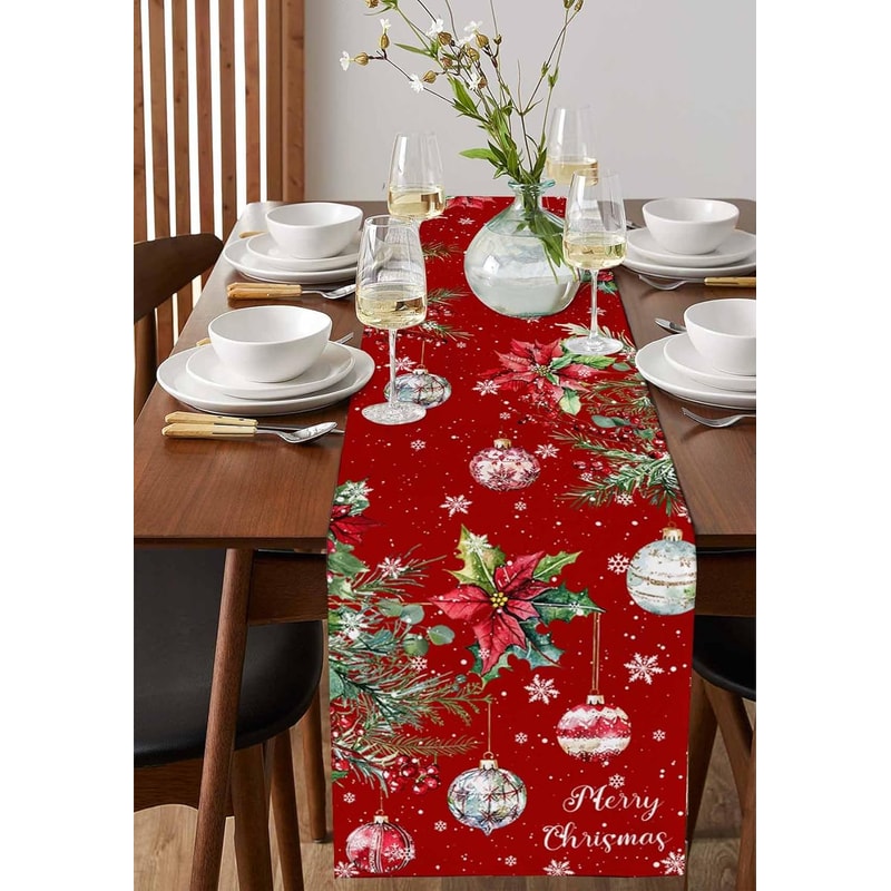 Festive Poinsettia Christmas Table Runner Elegant Linen Holiday & Wedding Poinsettia Table Decor