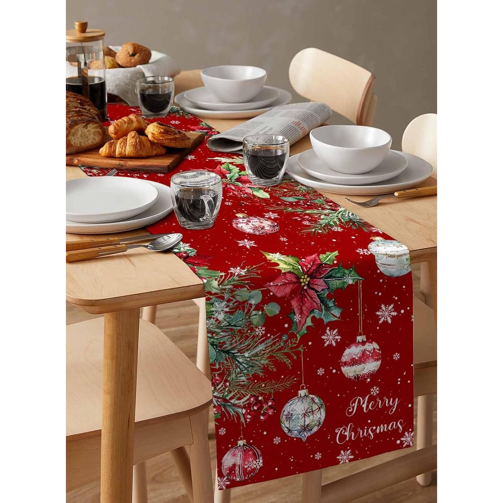 Festive Poinsettia Christmas Table Runner Elegant Linen Holiday & Wedding Poinsettia Table Decor