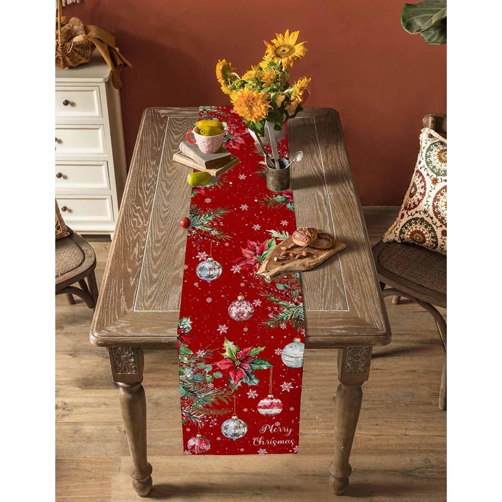 Festive Poinsettia Christmas Table Runner Elegant Linen Holiday & Wedding Poinsettia Table Decor