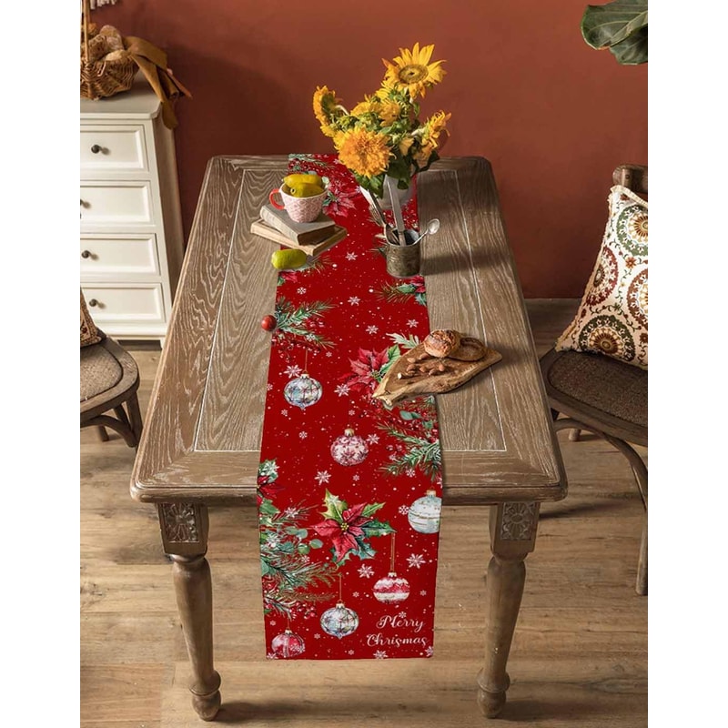 Festive Poinsettia Christmas Table Runner Elegant Linen Holiday & Wedding Poinsettia Table Decor