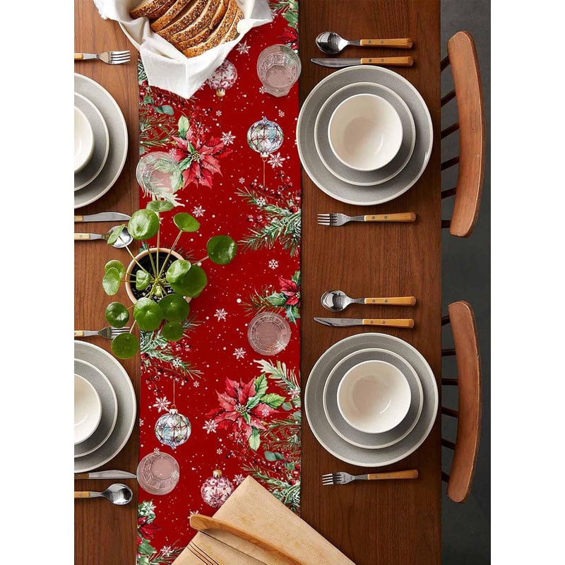 Festive Poinsettia Christmas Table Runner Elegant Linen Holiday & Wedding Poinsettia Table Decor