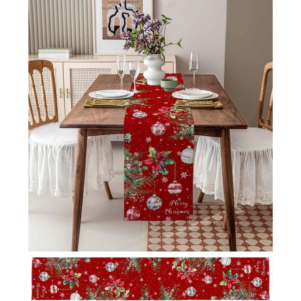 Festive Poinsettia Christmas Table Runner Elegant Linen Holiday & Wedding Poinsettia Table Decor