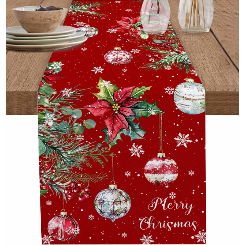 Festive Poinsettia Christmas Table Runner Elegant Linen Holiday & Wedding Poinsettia Table Decor