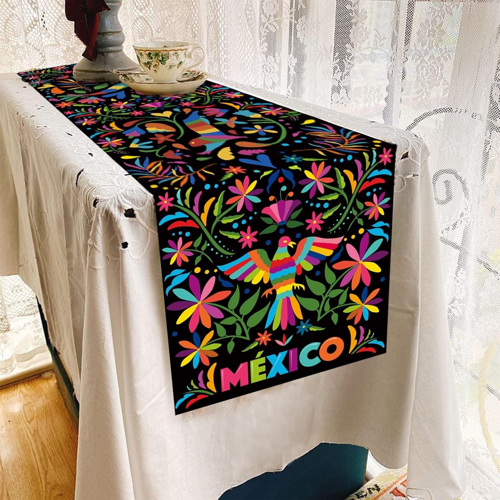 Mexican Floral Linen Table Runner for Fiesta, Day of the Dead and Dining Decor