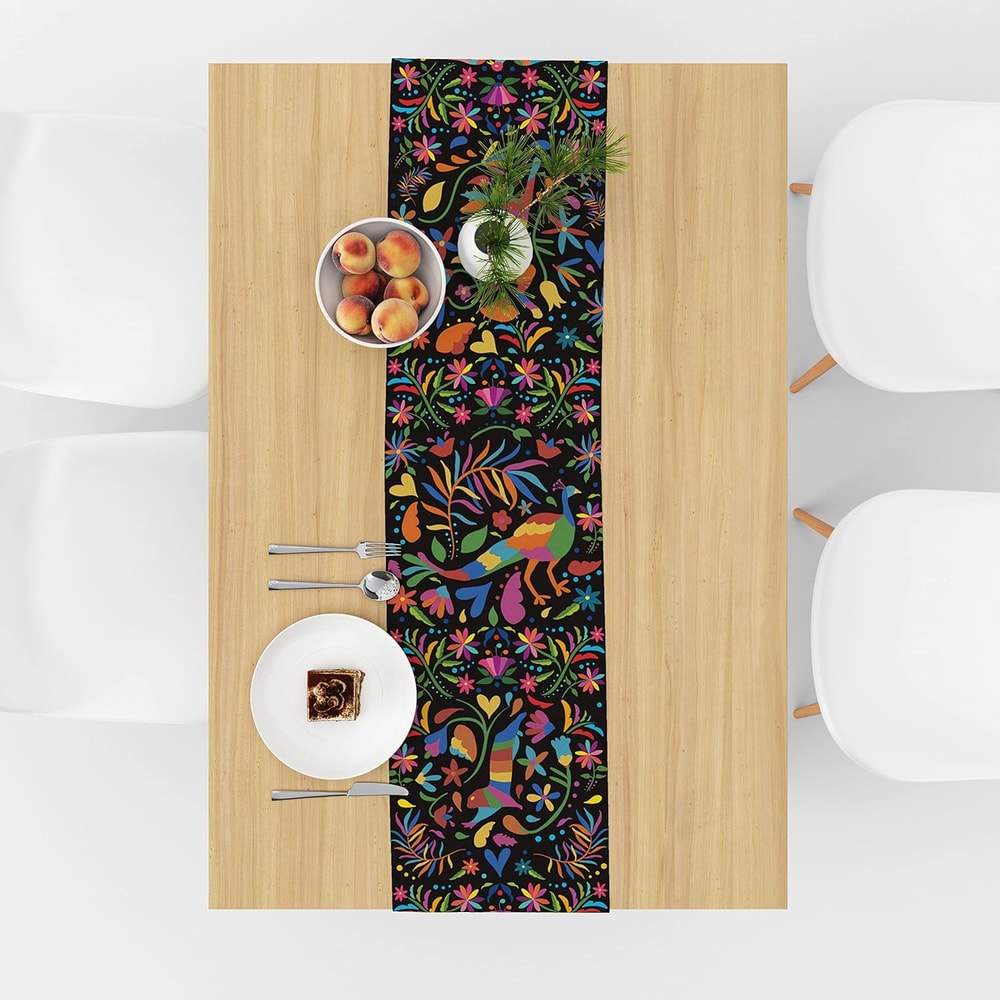 Mexican Floral Linen Table Runner for Fiesta, Day of the Dead and Dining Decor
