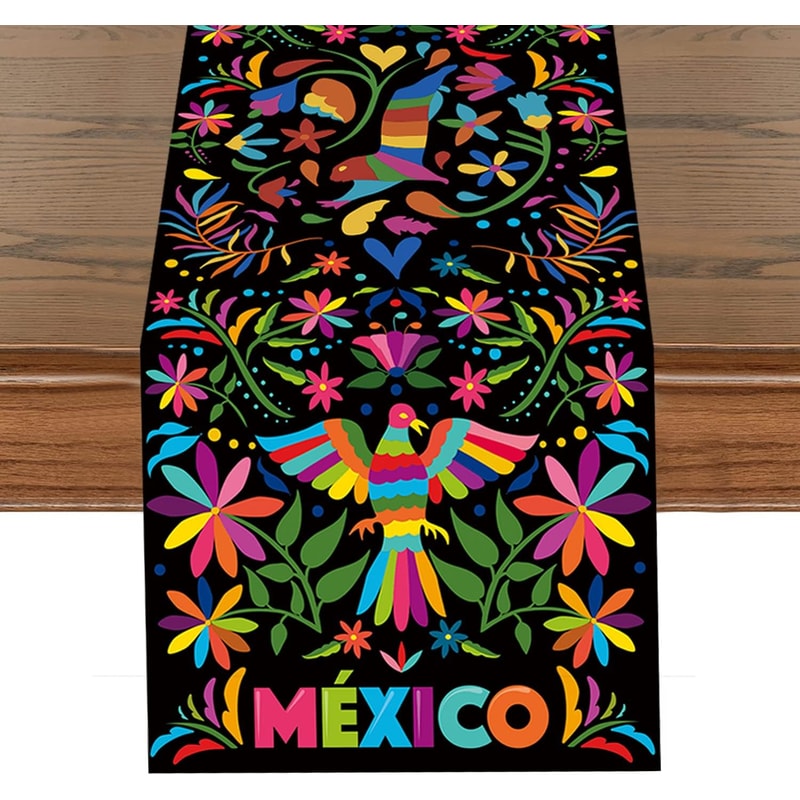 Mexican Floral Linen Table Runner for Fiesta, Day of the Dead and Dining Decor