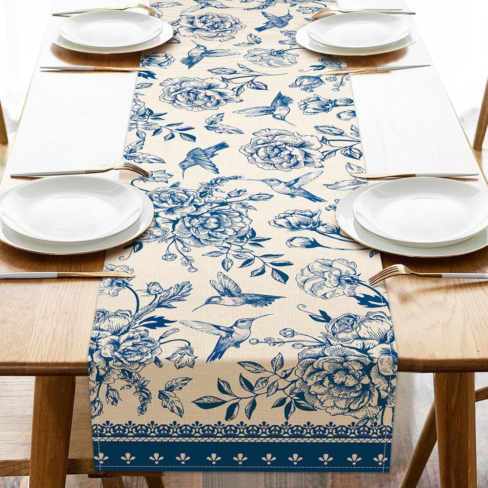 Blue White Porcelain Floral Birds Linen Farmhouse Table Runner For Dining Weddings 0