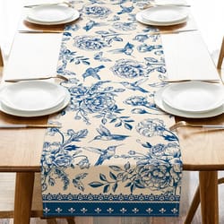 blue & white porcelain floral birds linen farmhouse table runner for dining & weddings