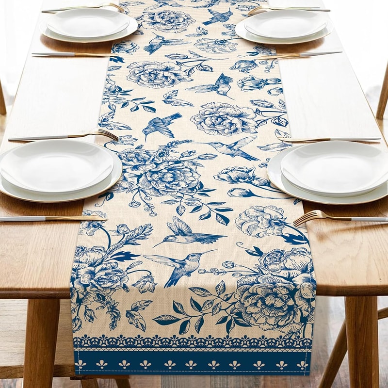 Blue White Porcelain Floral Birds Linen Farmhouse Table Runner For Dining Weddings 0
