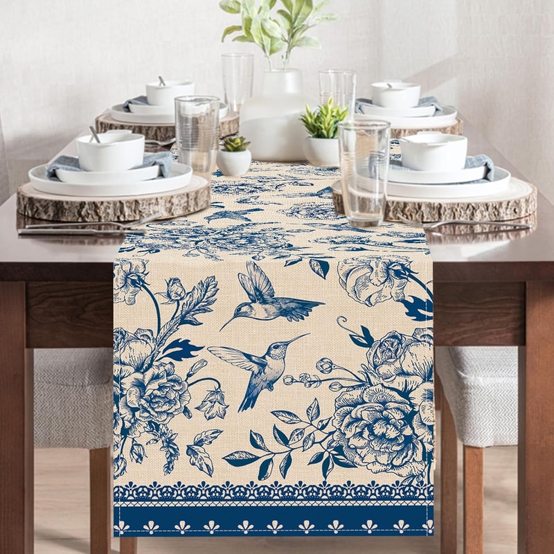 Blue White Porcelain Floral Birds Linen Farmhouse Table Runner For Dining Weddings 1