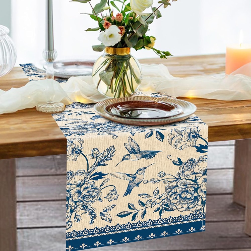 Blue White Porcelain Floral Birds Linen Farmhouse Table Runner For Dining Weddings 2