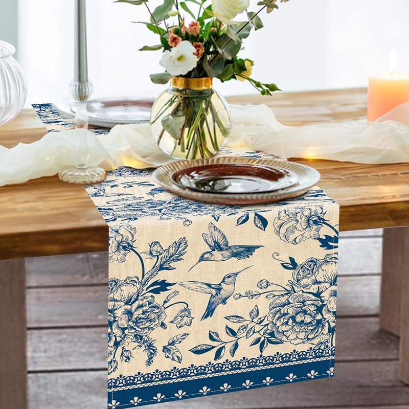 Blue White Porcelain Floral Birds Linen Farmhouse Table Runner For Dining Weddings 2