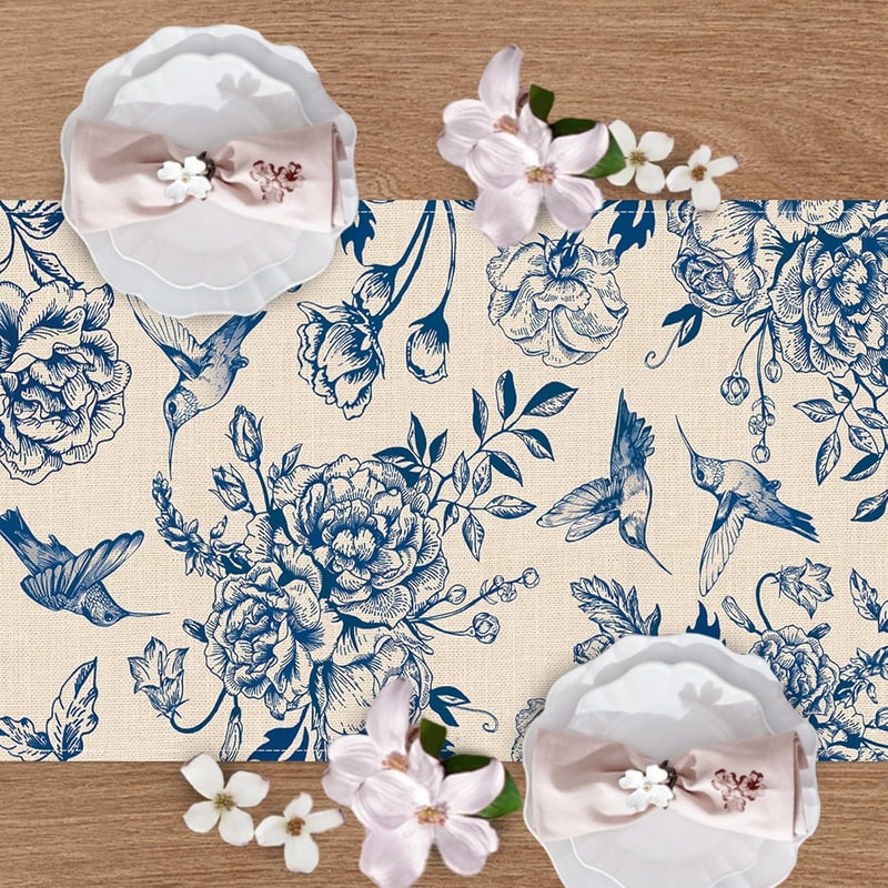 Blue White Porcelain Floral Birds Linen Farmhouse Table Runner For Dining Weddings 3