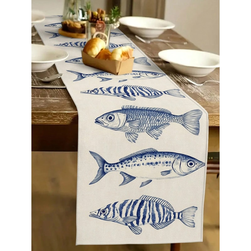 Elegant Nautical Table Runner With Marine Fish Pattern Coastal Dining Decor For Seaside Homes 0