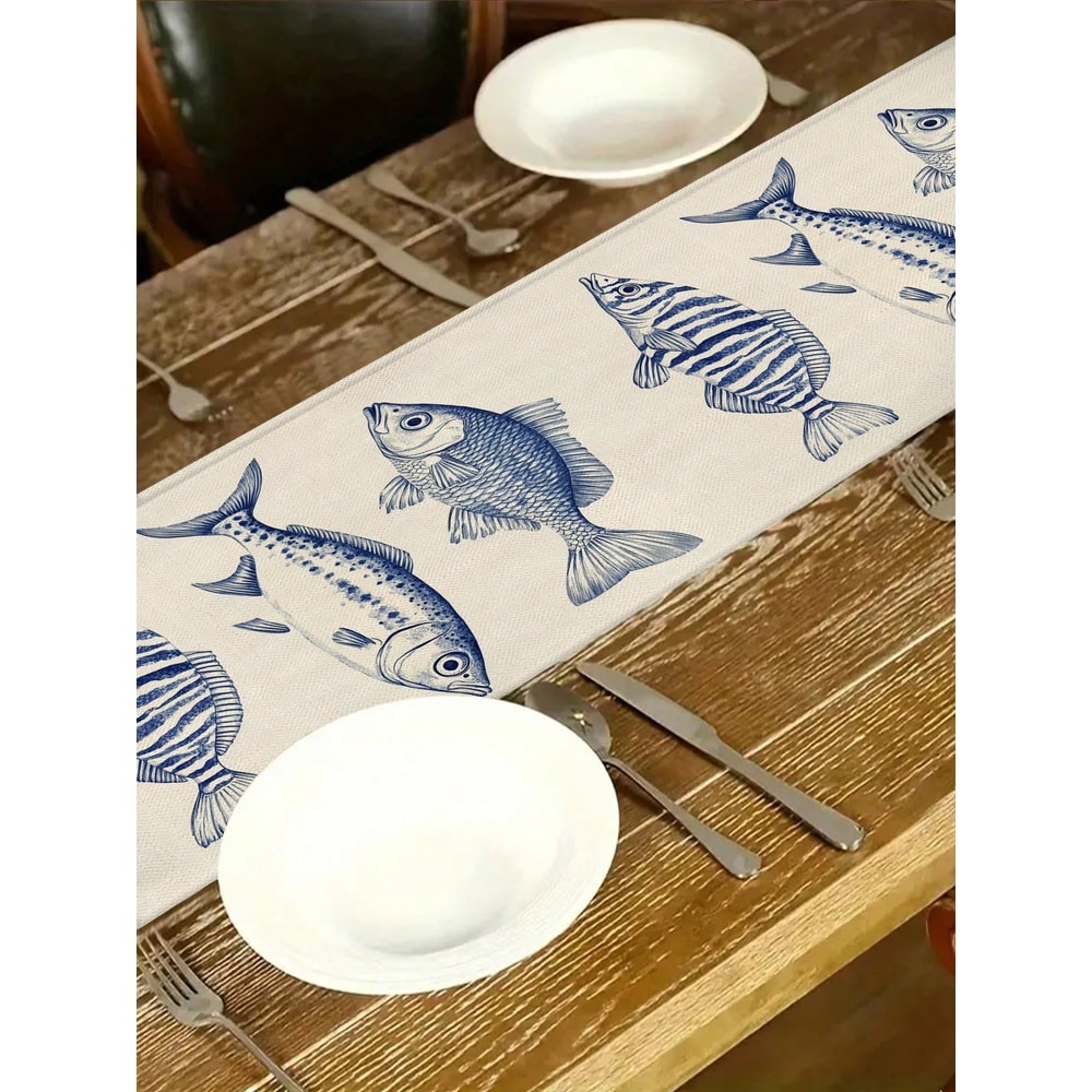 Elegant Nautical Table Runner With Marine Fish Pattern Coastal Dining Decor For Seaside Homes 1