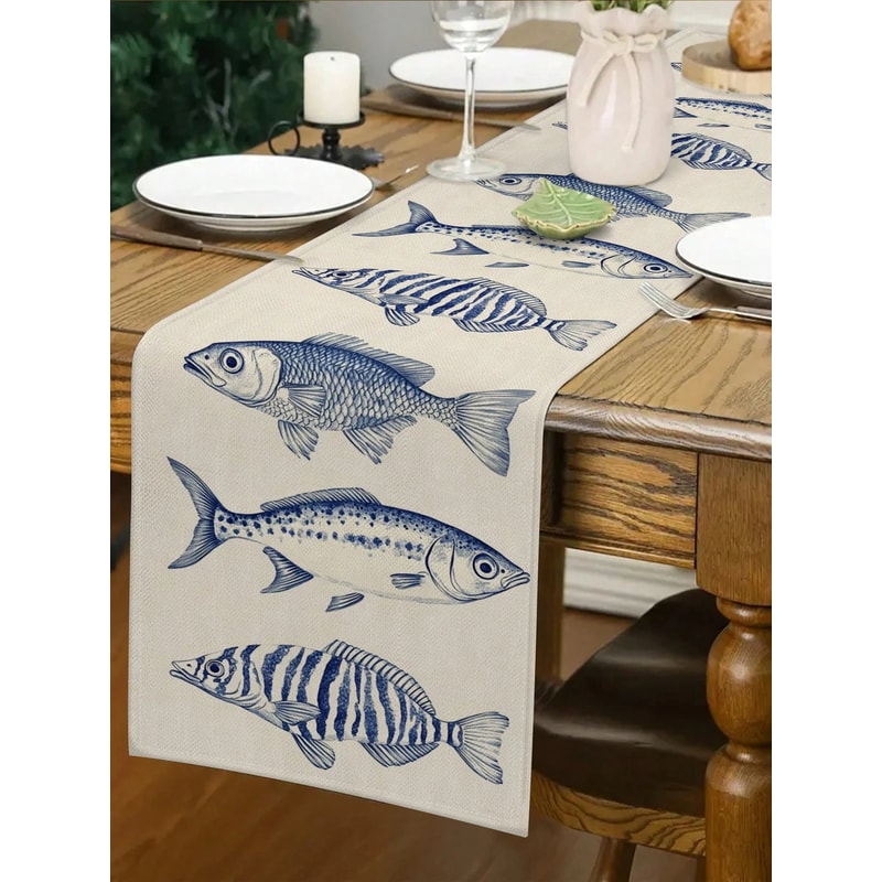Elegant Nautical Table Runner With Marine Fish Pattern Coastal Dining Decor For Seaside Homes 2
