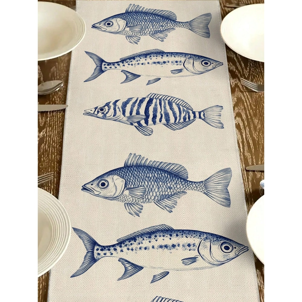 Elegant Nautical Table Runner With Marine Fish Pattern Coastal Dining Decor For Seaside Homes 3