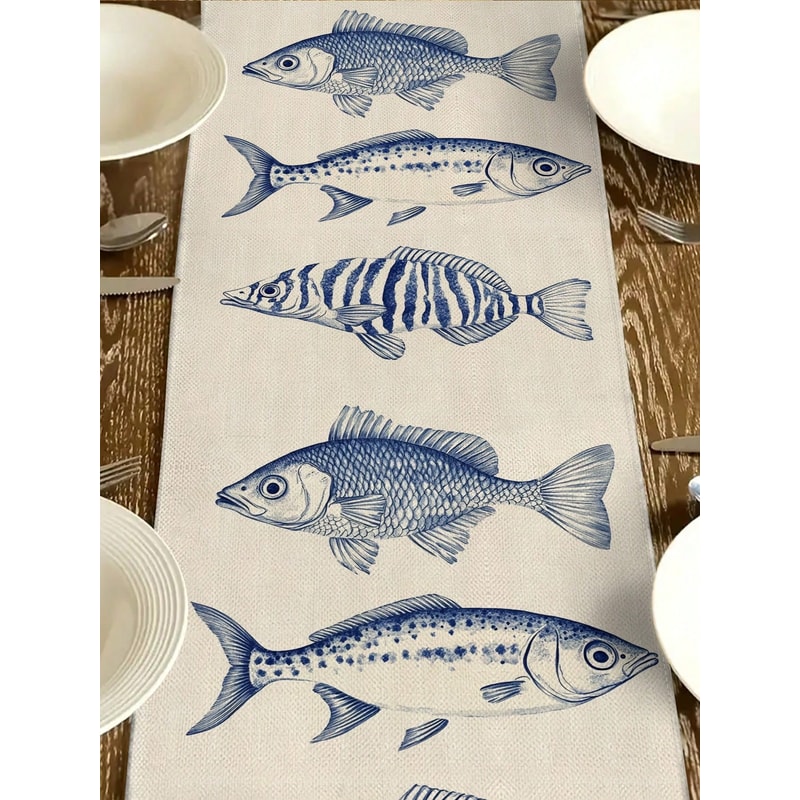 Elegant Nautical Table Runner With Marine Fish Pattern Coastal Dining Decor For Seaside Homes 3