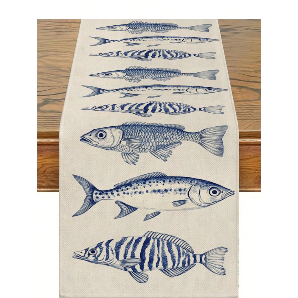 Elegant Nautical Table Runner With Marine Fish Pattern Coastal Dining Decor For Seaside Homes 5