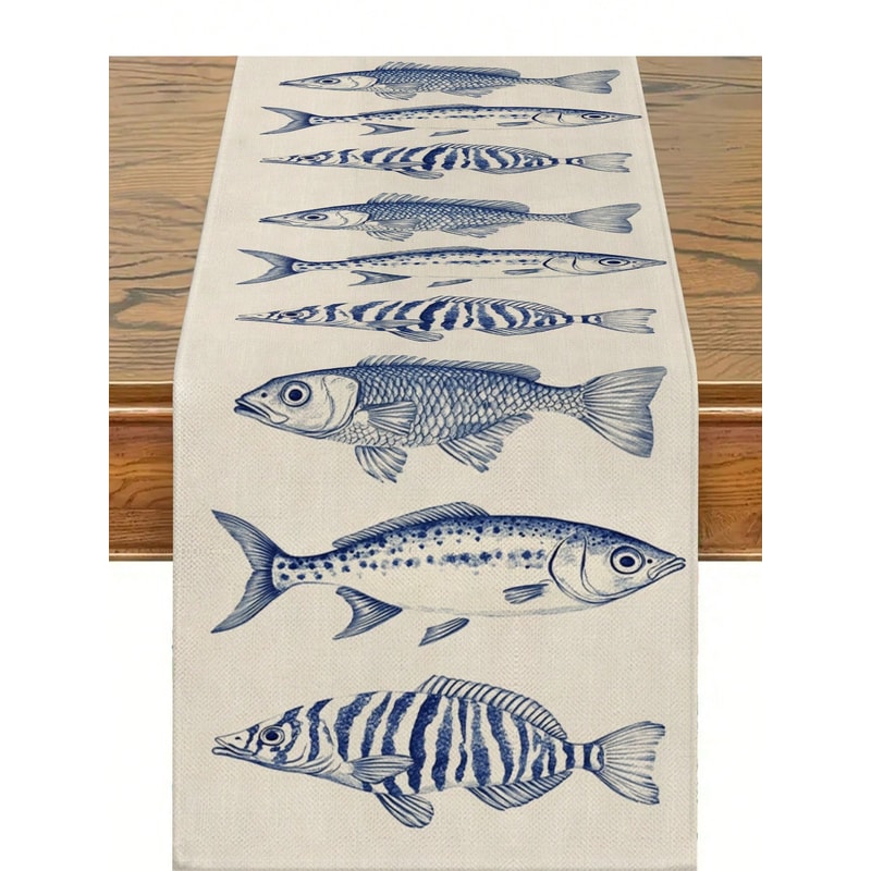 Elegant Nautical Table Runner With Marine Fish Pattern Coastal Dining Decor For Seaside Homes 5