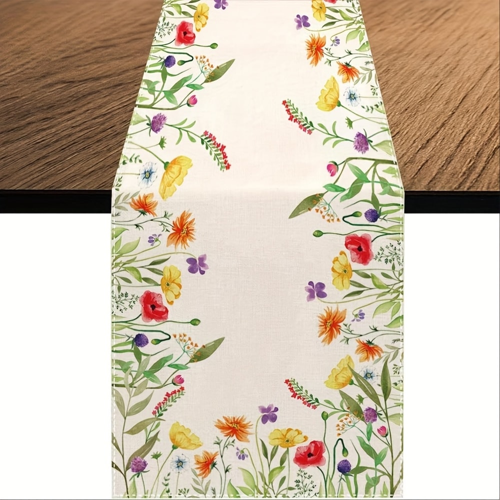 Watercolor Wildflower Linen Table Runner For Spring Dining And Wedding Decor 0