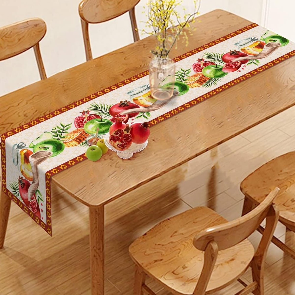 Elegant Rosh Hashanah Table Runner Linen Shana Tova Decor with Pomegranate & Honey Design