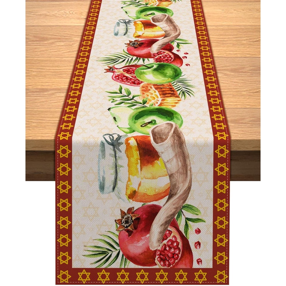 Elegant Rosh Hashanah Table Runner Linen Shana Tova Decor with Pomegranate & Honey Design
