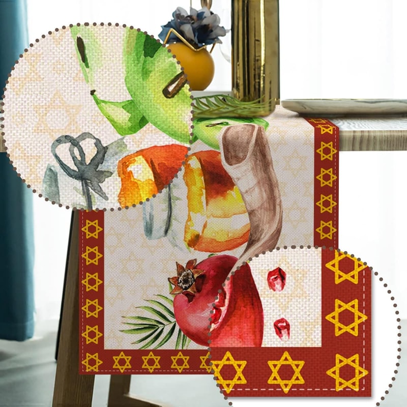 Elegant Rosh Hashanah Table Runner Linen Shana Tova Decor with Pomegranate & Honey Design