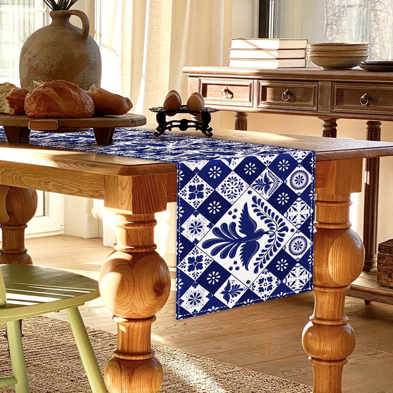 Elegant Mexican Blue Patchwork Table Runner For Dining Party Decor 1